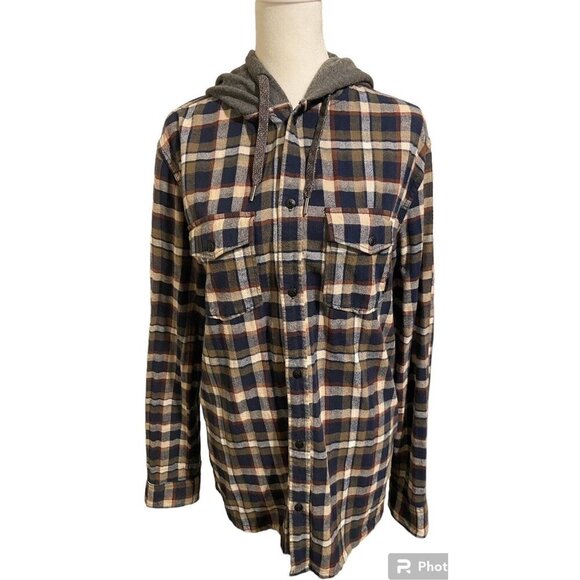 Quiksilver Medium Men's Jacket Plaid with Grey Hood Long Sleeve Button Up - Picture 1 of 3